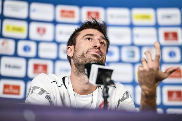 Belgian Sander Gille pictured at a press conference, PK, Pressekonferenz after a tennis match in the quarter final of the doubles competition at the ATP, Tennis Herren European Open Tennis tournament in Antwerp, Thursday 17 October 2024. TOM GOYVAERTS TomxGoyvaerts  x102779940x