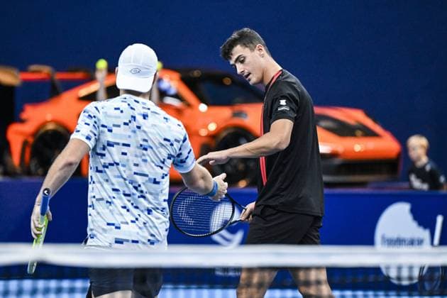 Austrian Lucas Miedler and Austrian Alexander Erler pictured during a tennis match in the quarter final of the doubles competition at the ATP, Tennis Herren European Open Tennis tournament in Antwerp, Thursday 17 October 2024. TOM GOYVAERTS TomxGoyvaerts  x102784380x
