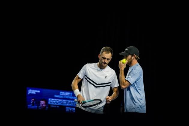 Kazach Aleksandr Nedovyesov and Robert Galloway pictured in action during a tennis match in the quarter final of the doubles competition at the ATP, Tennis Herren European Open Tennis tournament in Antwerp, Thursday 17 October 2024. JASPERxJACOBS  x102784694x
