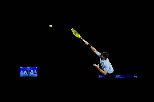 Robert Galloway pictured in action during a tennis match in the quarter final of the doubles competition at the ATP, Tennis Herren European Open Tennis tournament in Antwerp, Thursday 17 October 2024. JASPERxJACOBS  x102784695x