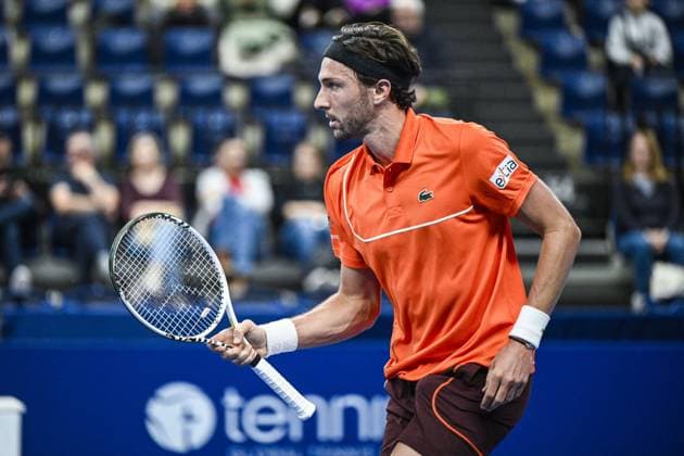 French Arthur Rinderknech celebrates during a tennis match in the round of 16 of the singles competition at the ATP, Tennis Herren European Open Tennis tournament in Antwerp, Thursday 17 October 2024. TOM GOYVAERTS TomxGoyvaerts  x102786371x