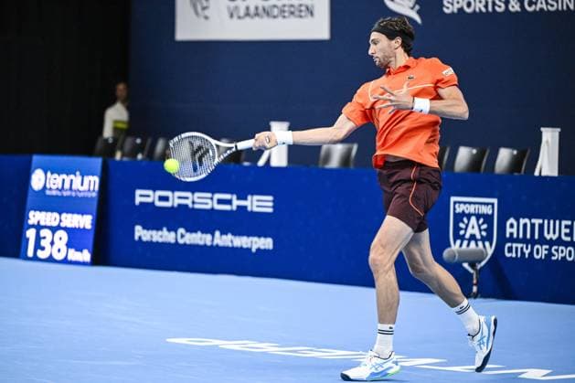 French Arthur Rinderknech pictured in action during a tennis match in the round of 16 of the singles competition at the ATP, Tennis Herren European Open Tennis tournament in Antwerp, Thursday 17 October 2024. TOM GOYVAERTS TomxGoyvaerts  x102786373x