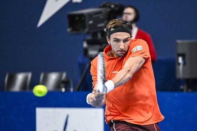 French Arthur Rinderknech pictured in action during a tennis match in the round of 16 of the singles competition at the ATP, Tennis Herren European Open Tennis tournament in Antwerp, Thursday 17 October 2024. TOM GOYVAERTS TomxGoyvaerts  x102788491x
