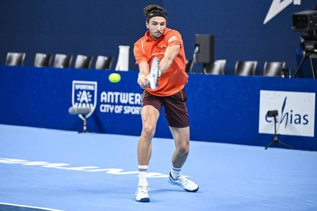 French Arthur Rinderknech pictured in action during a tennis match in the round of 16 of the singles competition at the ATP, Tennis Herren European Open Tennis tournament in Antwerp, Thursday 17 October 2024. TOM GOYVAERTS TomxGoyvaerts  x102788522x