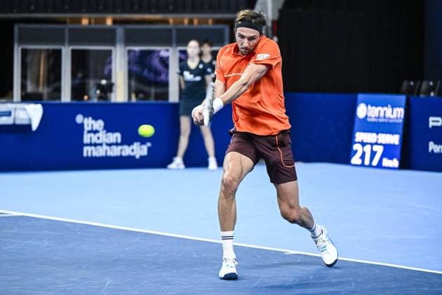 French Arthur Rinderknech pictured in action during a tennis match in the round of 16 of the singles competition at the ATP, Tennis Herren European Open Tennis tournament in Antwerp, Thursday 17 October 2024. TOM GOYVAERTS TomxGoyvaerts  x102788619x
