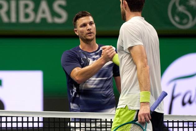 Miomir Kecmanovic of Serbia salutes Nicolas Jarry of Chile at the net after his second round win at Stockholm Open at The Royal Tennis Hall on October17, 2024 in Stockholm, Sweden. (Photo by Camilla Stolen Imago) Stockholm Sweden Copyright: xCamillaxStolenx L2360699
