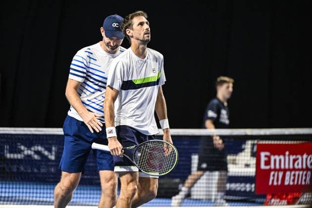 Dutch Matwe Middelkoop and Argentinian Andres Molteni pictured during a tennis match in the quarter final of the doubles competition at the ATP, Tennis Herren European Open Tennis tournament in Antwerp, Thursday 17 October 2024. TOM GOYVAERTS TomxGoyvaerts  x102798466x