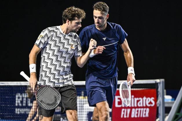 Dutch Robin Haase and Dutch David Pel celebrate during a tennis match in the quarter final of the doubles competition at the ATP, Tennis Herren European Open Tennis tournament in Antwerp, Thursday 17 October 2024. TOM GOYVAERTS TomxGoyvaerts  x102798511x