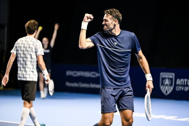 Dutch David Pel celebrates during a tennis match in the quarter final of the doubles competition at the ATP, Tennis Herren European Open Tennis tournament in Antwerp, Thursday 17 October 2024. TOM GOYVAERTS TomxGoyvaerts  x102798523x