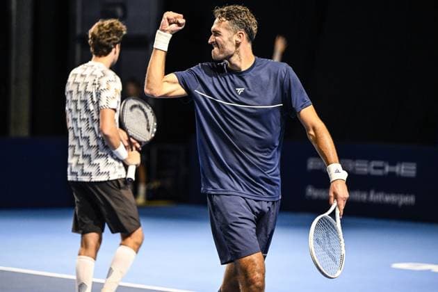 Dutch David Pel celebrates during a tennis match in the quarter final of the doubles competition at the ATP, Tennis Herren European Open Tennis tournament in Antwerp, Thursday 17 October 2024. TOM GOYVAERTS TomxGoyvaerts  x102798526x