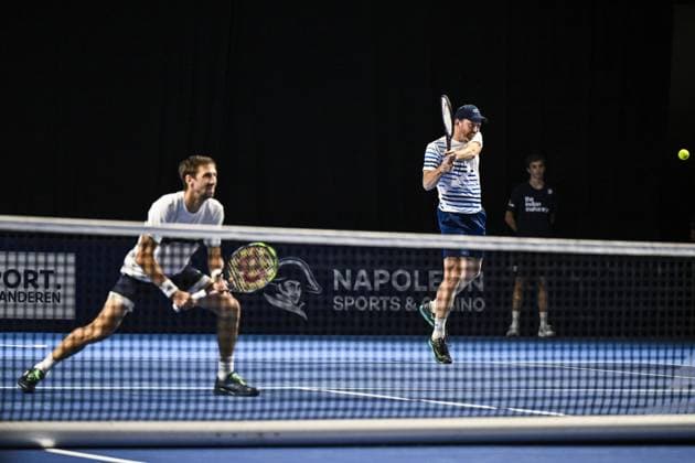 Dutch Matwe Middelkoop pictured in action during a tennis match in the quarter final of the doubles competition at the ATP, Tennis Herren European Open Tennis tournament in Antwerp, Thursday 17 October 2024. TOM GOYVAERTS TomxGoyvaerts  x102798638x