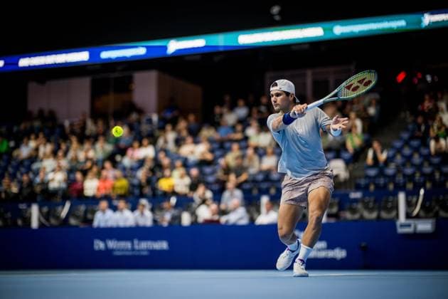 US Marcos Giron pictured in action during a tennis match in the round of 16 of the singles competition at the ATP, Tennis Herren European Open Tennis tournament in Antwerp, Thursday 17 October 2024. JASPERxJACOBS  x102798972x