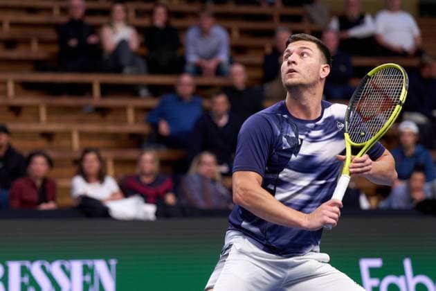 Miomir Kecmanovic of Serbia prepares to return a ball to Nicolas Jarry of Chile during the second round match of the Stockholm Open at The Royal Tennis Hall on October17, 2024 in Stockholm, Sweden. (Photo by Camilla Stolen Imago) Stockholm Sweden Copyright: xCamillaxStolenx L2360108