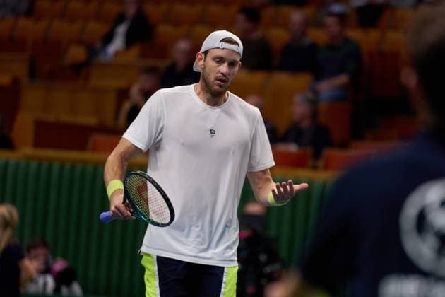 Nicolas Jarry of Chile reacts to a missed point to Miomir Kecmanovic of Serbia during the second round match of the Stockholm Open at The Royal Tennis Hall on October17, 2024 in Stockholm, Sweden. (Photo by Camilla Stolen Imago) Stockholm Sweden Copyright: xCamillaxStolenx L2360519