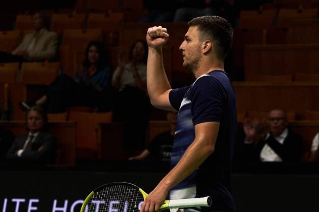Miomir Kecmanovic of Serbia celebrates a win against Nicolas Jarry of Chile during the second round match of the Stockholm Open at The Royal Tennis Hall on October17, 2024 in Stockholm, Sweden. (Photo by Camilla Stolen Imago) Stockholm Sweden Copyright: xCamillaxStolenx L2360639