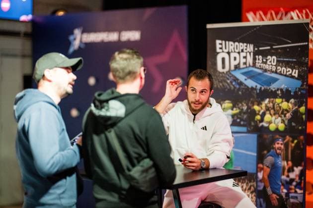 French Hugo Gaston signs an autograph during the ATP, Tennis Herren European Open Tennis tournament in Antwerp, Thursday 17 October 2024. JASPERxJACOBS  x102799554x