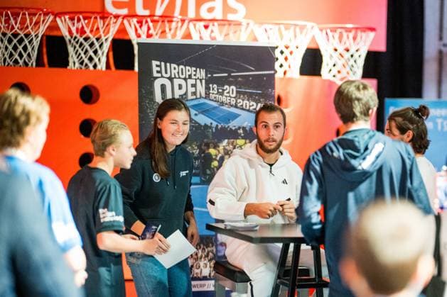 French Hugo Gaston signs an autograph during the ATP, Tennis Herren European Open Tennis tournament in Antwerp, Thursday 17 October 2024. JASPERxJACOBS  x102799557x
