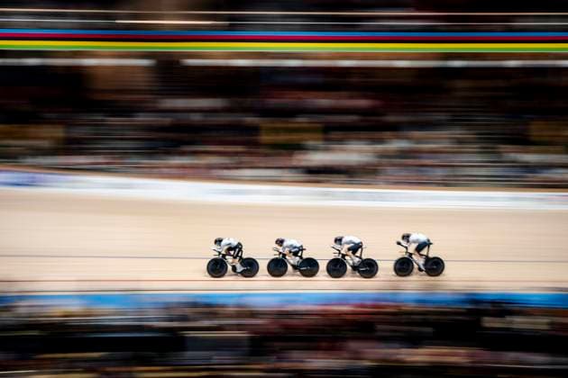 Franziska Brausse, Lisa Klein, Mieke Kroger and Laura Sussemilch from Germany during the first round of the women s 4000 meter team pursuit on the second day of the World Championship in track cycling at Ballerup Super Arena Thursday, October 17, 2024 , Ballerup Denmark  Copyright: RitzauxScanpix MadsxClausxRasmussenx spdk20241017-191312-L