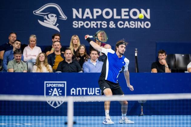 Greek Stefanos Tsitsipas pictured in action during a tennis match in the round of 16 of the singles competition at the ATP, Tennis Herren European Open Tennis tournament in Antwerp, Thursday 17 October 2024. JASPERxJACOBS  x102803989x