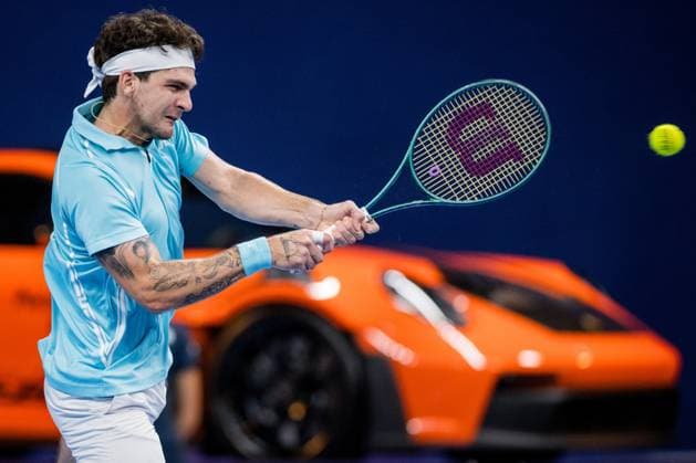 Brazilian Thiago Seyboth Wild pictured in action during a tennis match in the round of 16 of the singles competition at the ATP, Tennis Herren European Open Tennis tournament in Antwerp, Thursday 17 October 2024. JASPERxJACOBS  x102804037x