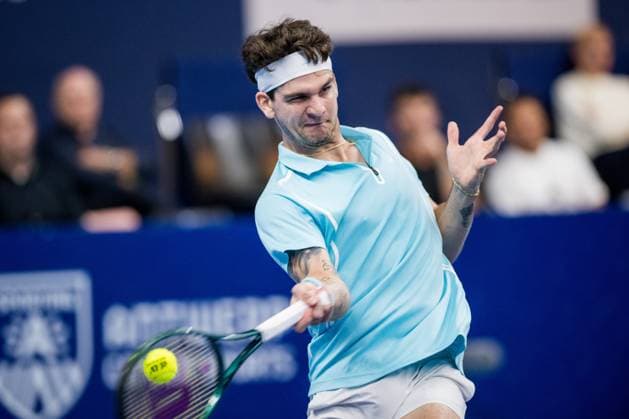Brazilian Thiago Seyboth Wild pictured in action during a tennis match in the round of 16 of the singles competition at the ATP, Tennis Herren European Open Tennis tournament in Antwerp, Thursday 17 October 2024. JASPERxJACOBS  x102804043x