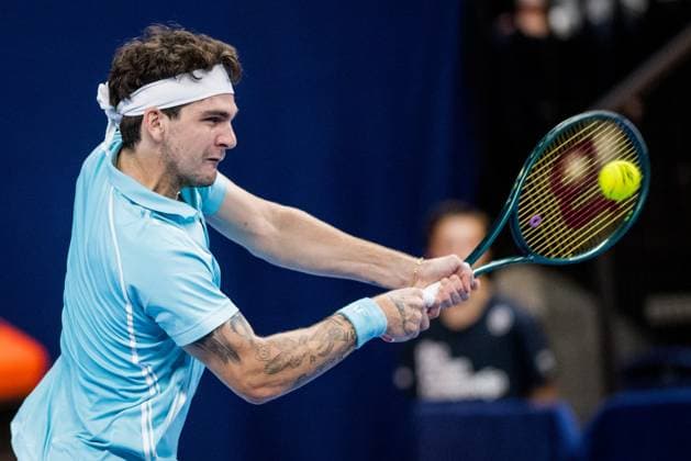 Brazilian Thiago Seyboth Wild pictured in action during a tennis match in the round of 16 of the singles competition at the ATP, Tennis Herren European Open Tennis tournament in Antwerp, Thursday 17 October 2024. JASPERxJACOBS  x102804052x
