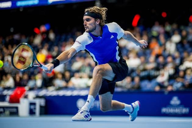Greek Stefanos Tsitsipas pictured in action during a tennis match in the round of 16 of the singles competition at the ATP, Tennis Herren European Open Tennis tournament in Antwerp, Thursday 17 October 2024. JASPERxJACOBS  x102804086x