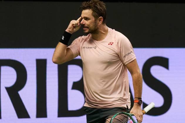 Stan Wawrinka of Switzerland makes a sign to his box in celebration of his win over Alejandro Davidovich Fokina of Spain of the second round match of the Stockholm Open at The Royal Tennis Hall on October17, 2024 in Stockholm, Sweden. (Photo by Camilla Stolen Imago) Stockholm Sweden Copyright: xCamillaxStolenx L2380005