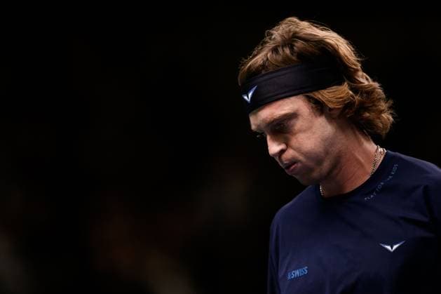 241017 Andrey Rublev of Russia looks dejected as he competes in a men s singles tennis match during day 6 of the ATP 250 Nordic Open on October 17, 2024 in Stockholm Photo Jesper Zerman BILDBYRAN kod JZ JZ0581 tennis atp 250 nordic open day 6 bbeng depp  Copyright: JESPERxZERMAN BB241017JZ041