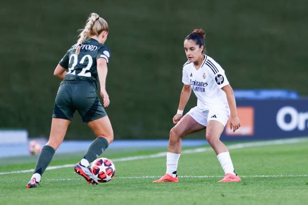 October 17, 2024, Valdebebas, Madrid, SPAIN: Lucy Ashworth-Clifford of Celtic and Oihane Hernandez of Real Madrid in action during the UEFA Womenâ€⠢s Champions League, Group B, football match played between Real Madrid and Celtic FC at Alfredo Di Stefano stadium on October 17, 2024, in Valdebebas, Madrid, Spain. Valdebebas SPAIN - ZUMAa181 20241017_zaa_a181_044 Copyright: xDennisxAgyemanx