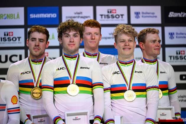 DK: 20241017 Ballerup, Danmark. UCI VM i Banecykling, dag 2. M¾nd Team pursuit. Danmark vinder guld, Storbritanien, s¿lv og Tyskland bronze UK: 20241017 Ballerup, Denmark. UCI 2024 Track World Championships, day 2. Team pursuit for men. Denmark win gold, Great Britain silver, Germany bronze 
