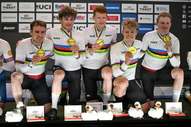 DK: 20241017 Ballerup, Danmark. UCI VM i Banecykling, dag 2. M¾nd Team pursuit. Danmark vinder guld, Storbritanien, s¿lv og Tyskland bronze UK: 20241017 Ballerup, Denmark. UCI 2024 Track World Championships, day 2. Team pursuit for men. Denmark win gold, Great Britain silver, Germany bronze 