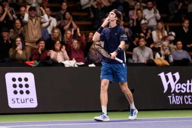 241017 Andrey Rublev of Russia celebrates after competing in a men s singles tennis match during day 6 of the ATP 250 Nordic Open on October 17, 2024 in Stockholm Photo Jesper Zerman BILDBYRAN kod JZ JZ0581 tennis atp 250 nordic open day 6 bbeng jubel  Copyright: JESPERxZERMAN BB241017JZ046
