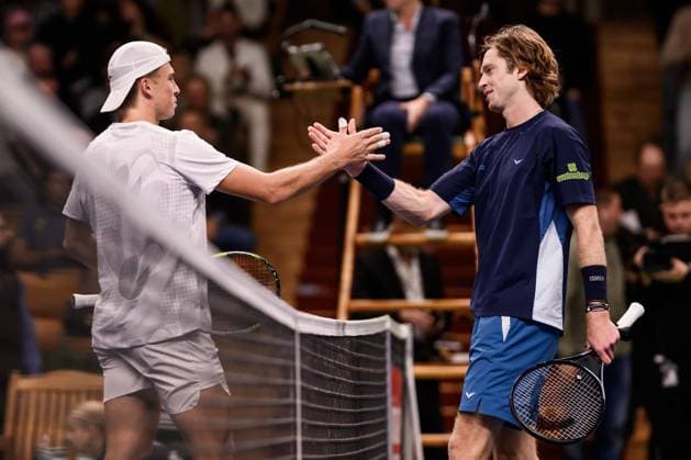 241017 Alexandre Muller of France and Andrey Rublev of Russia after a men s singles tennis match during day 6 of the ATP 250 Nordic Open on October 17, 2024 in Stockholm Photo Jesper Zerman BILDBYRAN kod JZ JZ0581 tennis atp 250 nordic open day 6 bbeng jubel  Copyright: JESPERxZERMAN BB241017JZ047
