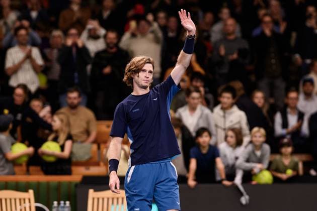 241017 Andrey Rublev of Russia celebrates after a men s singles tennis match during day 6 of the ATP 250 Nordic Open on October 17, 2024 in Stockholm Photo Jesper Zerman BILDBYRAN kod JZ JZ0581 tennis atp 250 nordic open day 6 bbeng jubel  Copyright: JESPERxZERMAN BB241017JZ049