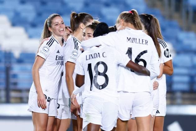 October 17, 2024, Valdebebas, Madrid, SPAIN: Signe Bruun of Real Madrid celebrates a goal during the UEFA Womenâ€⠢s Champions League, Group B, football match played between Real Madrid and Celtic FC at Alfredo Di Stefano stadium on October 17, 2024, in Valdebebas, Madrid, Spain. Valdebebas SPAIN - ZUMAa181 20241017_zaa_a181_082 Copyright: xDennisxAgyemanx