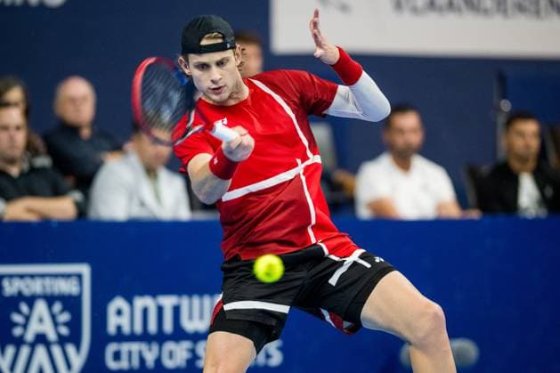 Belgian Zizou Bergs pictured in action during a tennis match in the round of 16 of the singles competition at the ATP, Tennis Herren European Open Tennis tournament in Antwerp, Thursday 17 October 2024. JASPERxJACOBS  x102812278x