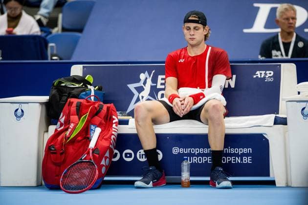 Belgian Zizou Bergs pictured in action during a tennis match in the round of 16 of the singles competition at the ATP, Tennis Herren European Open Tennis tournament in Antwerp, Thursday 17 October 2024. JASPERxJACOBS  x102812287x