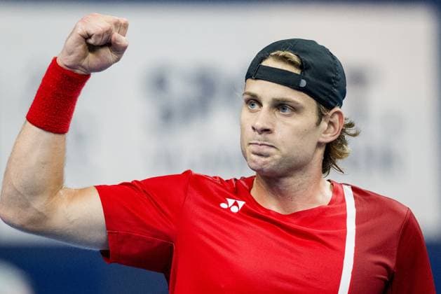 Belgian Zizou Bergs celebrates during a tennis match in the round of 16 of the singles competition at the ATP, Tennis Herren European Open Tennis tournament in Antwerp, Thursday 17 October 2024. JASPERxJACOBS  x102812345x