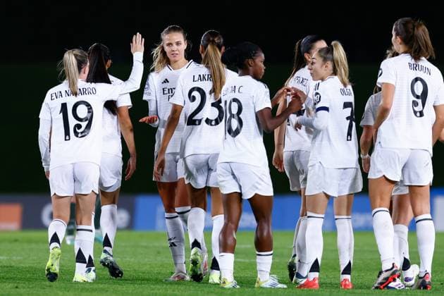 October 17, 2024, Valdebebas, Madrid, SPAIN: Caroline Moller-Hansen of Real Madrid celebrates a goal during the UEFA Womenâ€⠢s Champions League, Group B, football match played between Real Madrid and Celtic FC at Alfredo Di Stefano stadium on October 17, 2024, in Valdebebas, Madrid, Spain. Valdebebas SPAIN - ZUMAa181 20241017_zaa_a181_089 Copyright: xDennisxAgyemanx