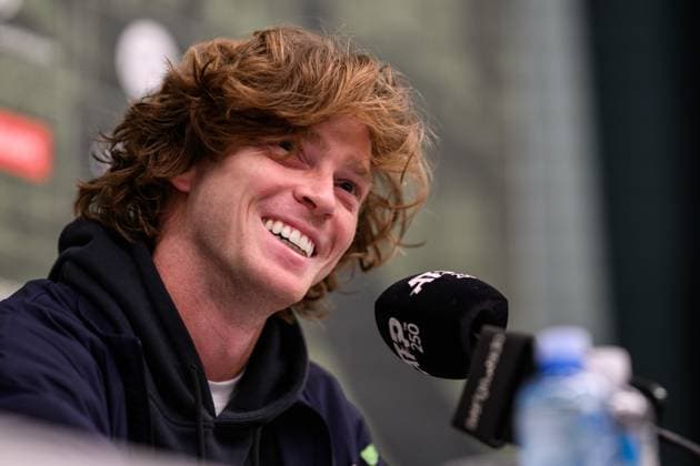 241017 Andrey Rublev of Russia at a press conference during day 6 of the ATP 250 Nordic Open on October 17, 2024 in Stockholm Photo Jesper Zerman BILDBYRAN kod JZ JZ0581 tennis atp 250 nordic open day 6 bbeng  Copyright: JESPERxZERMAN BB241017JZ086