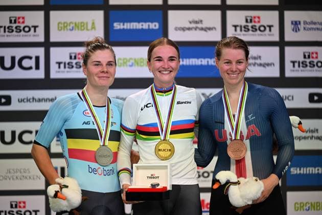 17-10-2024 World Championships Elite Women Track; Giornata 02; 2024, New Zealand; 2024, Belgium; 2024, Usa; Wollaston, Ally; Kopecky, Lotte; Valente, Jennifer; Velodromo Ballerup; 