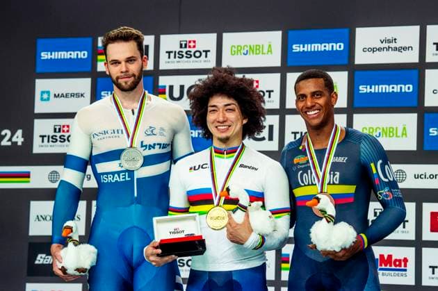 241017 Kento Yamasaki of Japan, Mikhail Yakovlev of Israel and Kevin Santiago Quintero Chavarro of Colombia celebrates after Mens Keirin during day 2 of the 2024 UCI Tissot Track Cycling World Championships on October 17, 2024 in Ballerup Photo Christian Örnberg BILDBYRAN COP 166 CO0480 cykling cycling sykling landslaget national team 2 bbeng grappa33 jubel  Copyright: CHRISTIANxÖRNBERG BB241017CO112