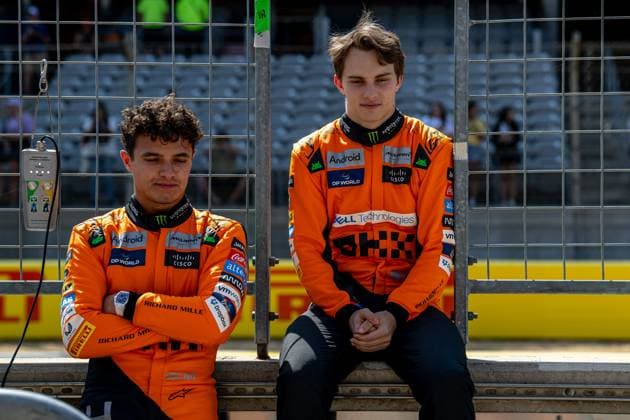 AUSTIN, TEXAS, UNITED STATES: Lando Norris and Oscar Piastri, racing for the McLaren F1 team during the 2024 Formula 1 United States Grand Prix at the Circuit of the Americas in Austin, Texas, United States