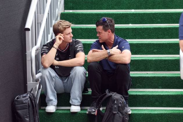Mick Schumacher GER Mercedes reserve driver and Dirk Mueller GER Ford WEC works driver in conversation, paddock, Formula 1 Pirelli Grand Prix, FIA F1 World Championship, Circuit of America, Austin Texas, 17 10 2024, USA, preparation for the weekend