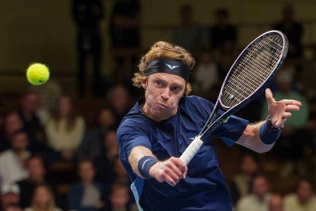STOCKHOLM, SWEDEN 20241017 Andrey Rublev Russia meets Alexandre Muller France during the BNP Paribas Nordic Open at the Royal Tennis Hall in Stockholm STOCKHOLM SWEDEN x12056x  Copyright: xPeterxHansson TTx NORDIC OPEN TENNIS 2024
