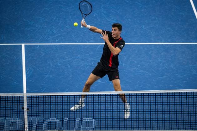 Austrian Alexander Erler pictured in action during a tennis match in the semi finals of the doubles competition at the ATP, Tennis Herren European Open Tennis tournament in Antwerp, Friday 18 October 2024. JASPERxJACOBS  x102858715x