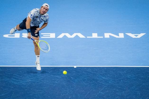 Austrian Lucas Miedler pictured in action during a tennis match in the semi finals of the doubles competition at the ATP, Tennis Herren European Open Tennis tournament in Antwerp, Friday 18 October 2024. JASPERxJACOBS  x102858773x
