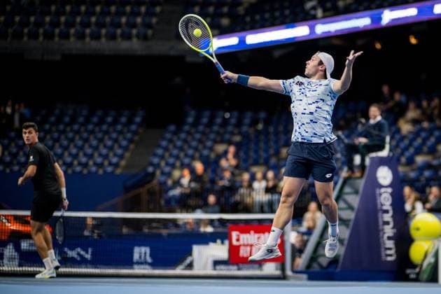 Austrian Lucas Miedler pictured in action during a tennis match in the semi finals of the doubles competition at the ATP, Tennis Herren European Open Tennis tournament in Antwerp, Friday 18 October 2024. JASPERxJACOBS  x102859314x