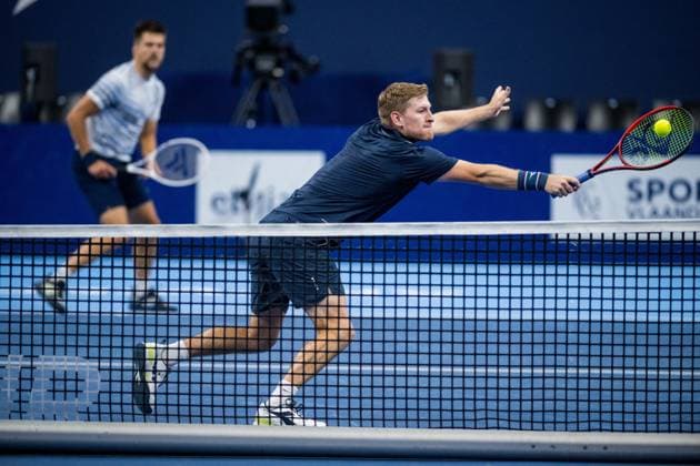 Luke Johnson pictured in action during a tennis match in the semi finals of the doubles competition at the ATP, Tennis Herren European Open Tennis tournament in Antwerp, Friday 18 October 2024. JASPERxJACOBS  x102859408x